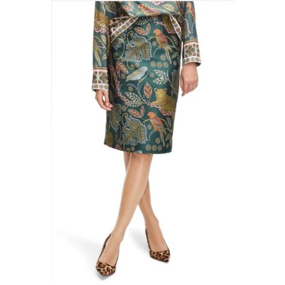J.Crew No. 2 Pencil Skirt Green Ornate Print Jungle Leopard Bird Floral Sz 4 NEW